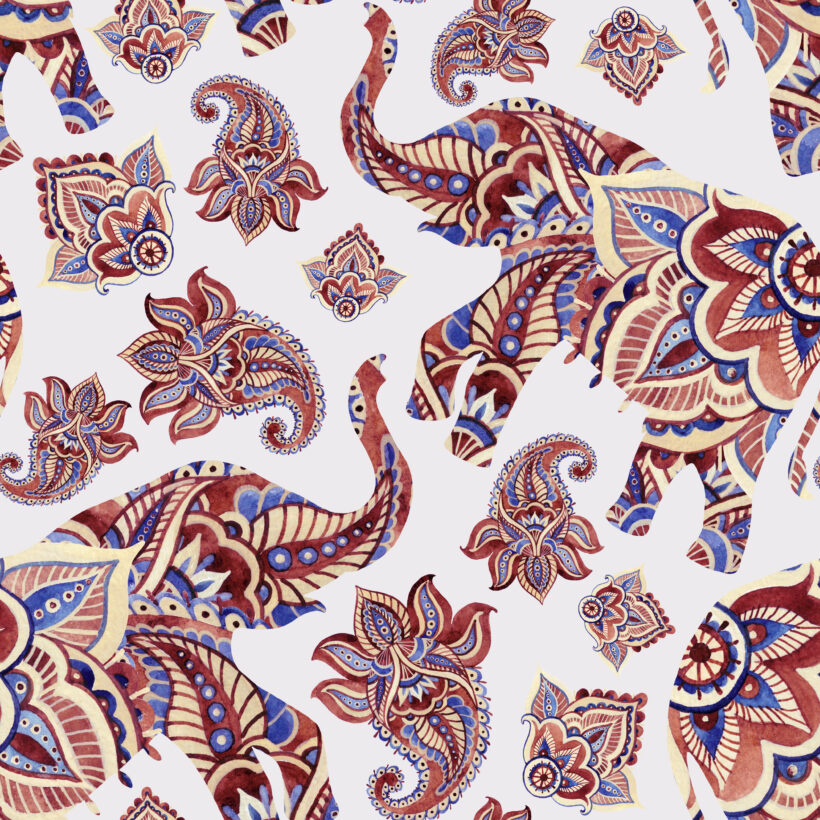 Watercolor Ethnic Elephant With Paisley Elements Background.